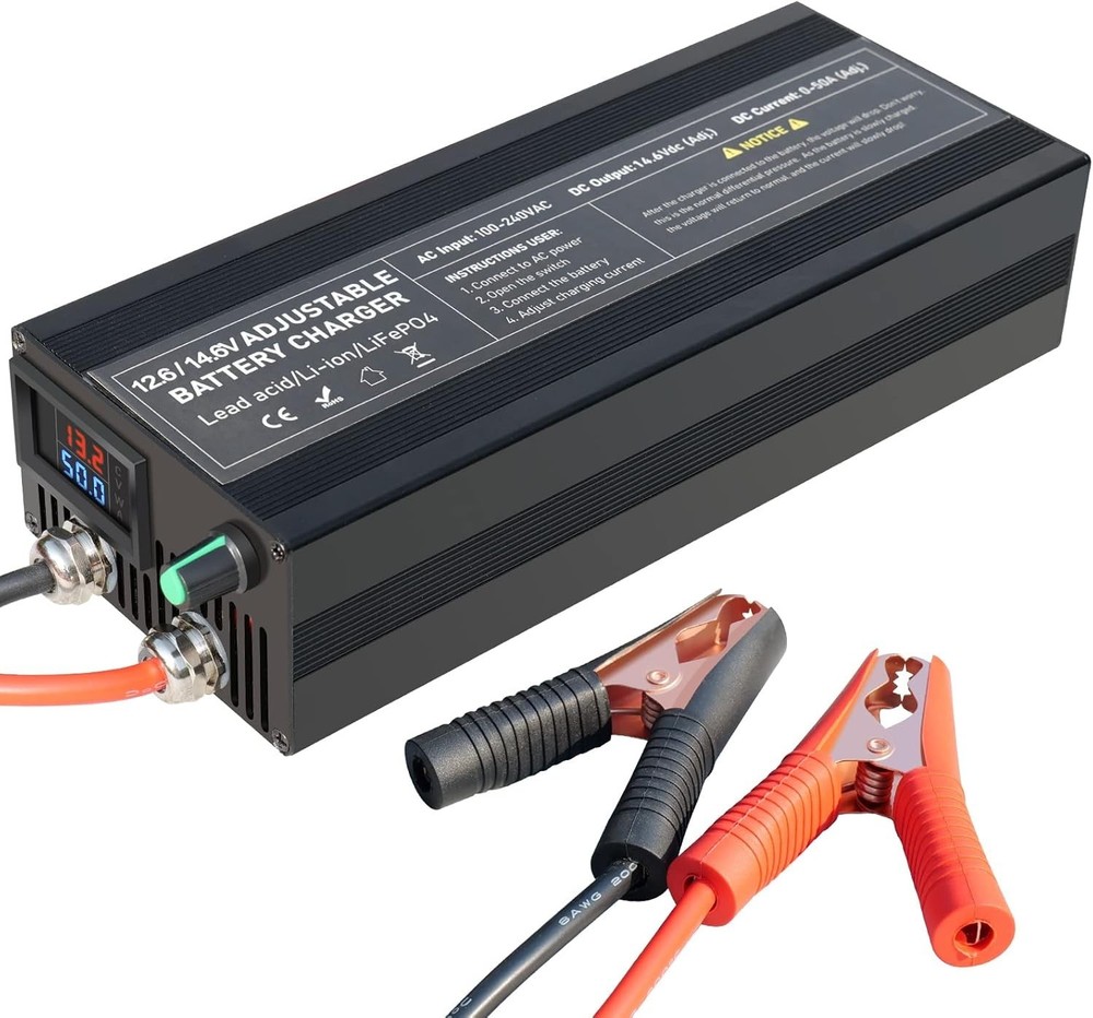 12V 50A LiFePO4 Battery Charger, 12V/12.8V Lithium Battery Fast Charger with Adj