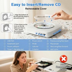 Portable Bluetooth CD Player with 1800mAh Battery, Wall Mountable, FM Radio, Spe