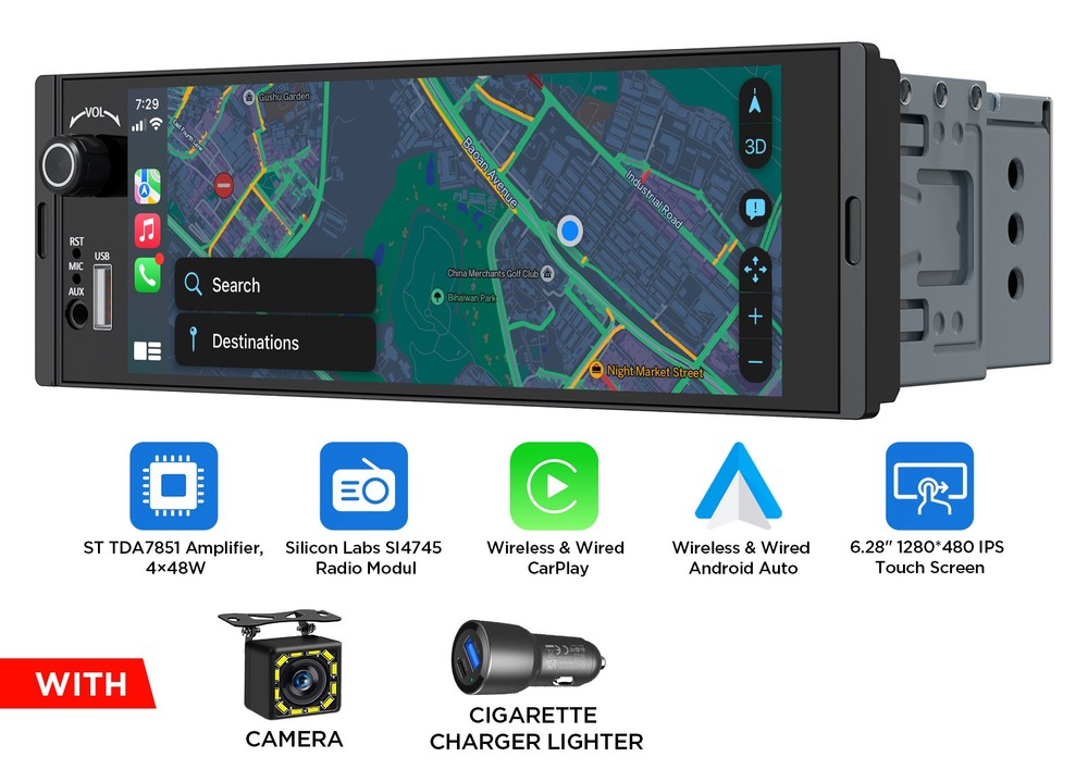 6.28″ Single DIN Wireless CarPlay Android Auto Head Unit Bluetooth Car Stereo FM