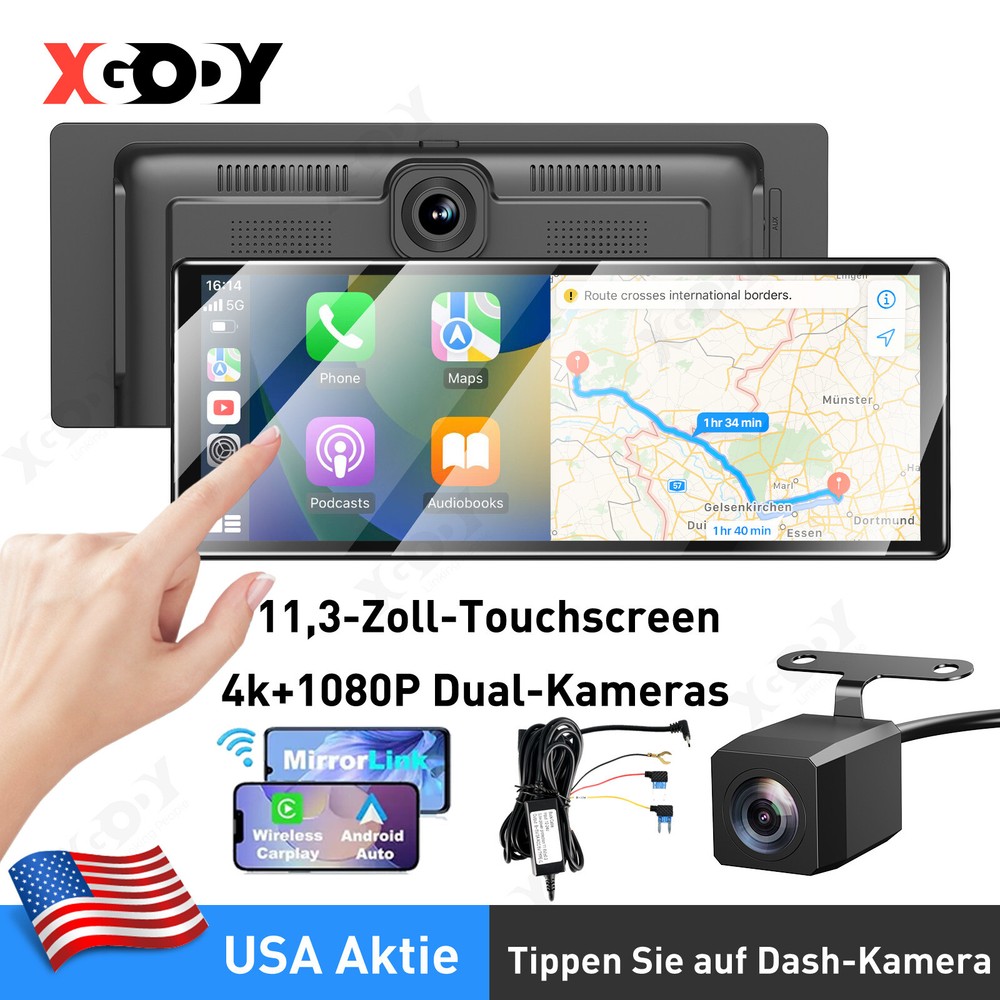 11.3″ Portable Dash Cam Wireless Apple CarPlay Android Auto Car Stereo microSD