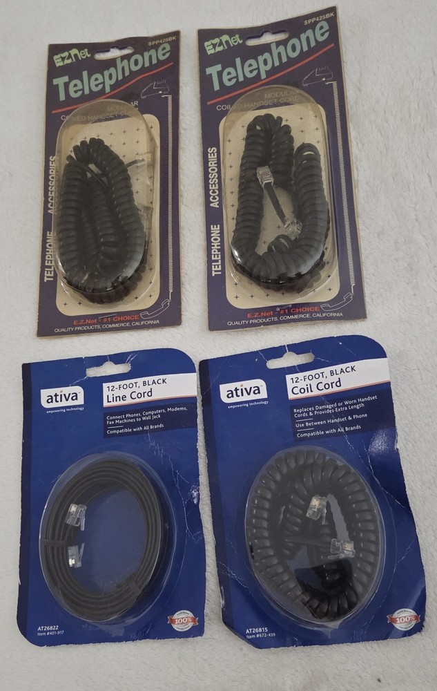 NEW 12Ft Black Ativa Phone Handset Cord Curly Coil & 12Ft Flat Black Ativa Line