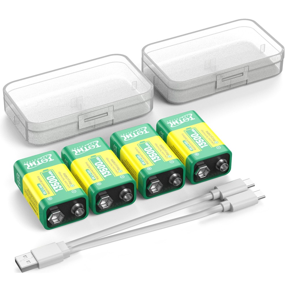 4 Pack 9V Block Rechargeable Batteries 6F 22 9 Volt 13500mWh for smoke detectors