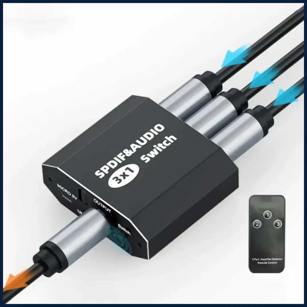 3-Port SPDIF Toslink Digital Optical Audio Switch 3×1 with IR Remote