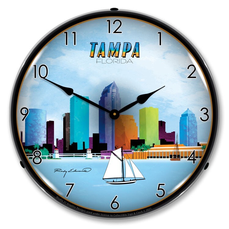 Tampa, Florida City Skyline Lighted Backlit LED Wall Clock Free Shipping