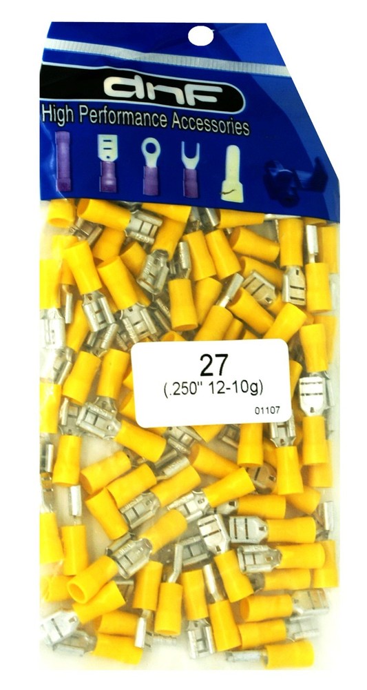 (100 PACK) YELLOW VINYL 12-10 GAUGE FEMALE QUICK DISCONNECT WIRE CONNECTOR .250″