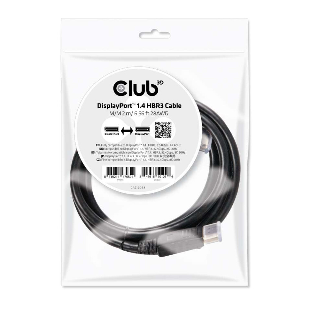 Club 3D B.V Cac-2068 Displayport Dp 1.4 2M/6.56Ft Long Male-Male Cable The