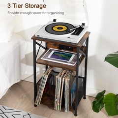 Rustic Vinyl Record Player Stand with Charging Station – 3-Tier Storage Table