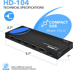 HDMI Splitter 1 in 4 Out – 4K@30Hz HDMI 2.0 Splitter with HDCP 1.4, EDID