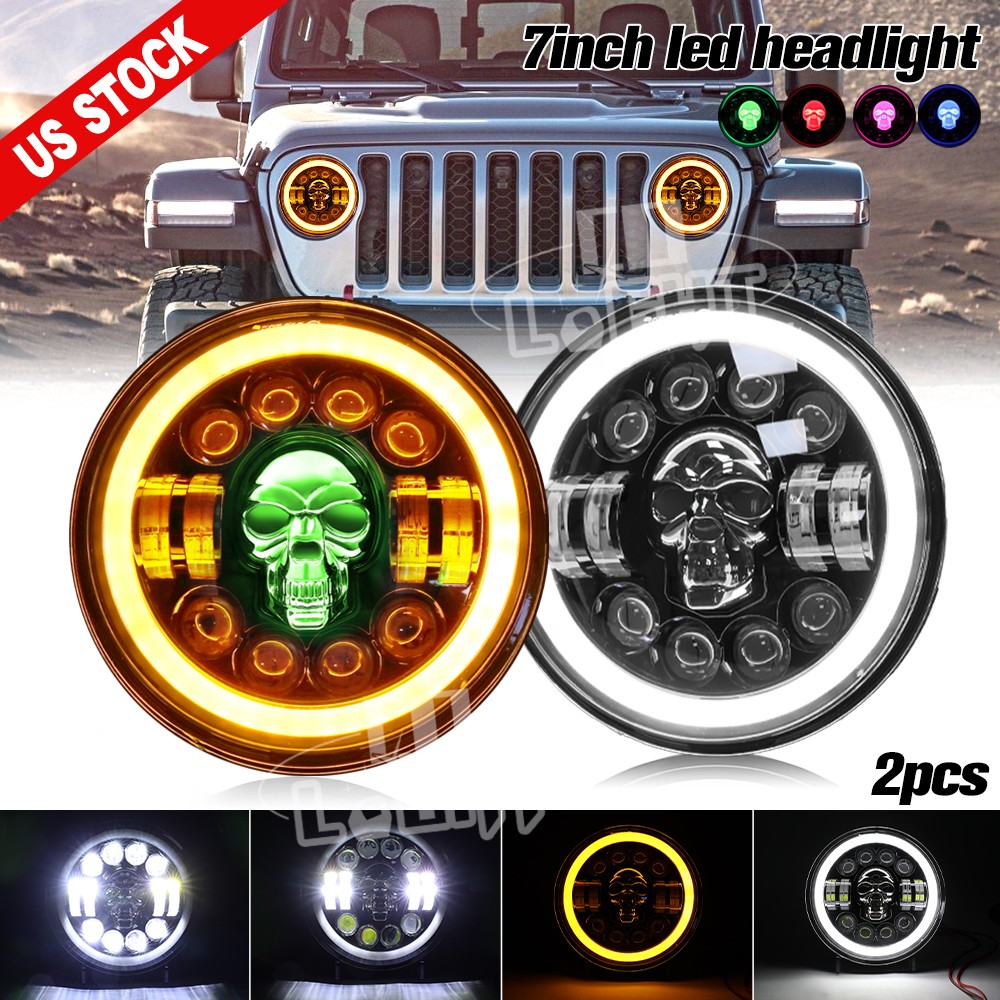 2PCS 7” Round RGB Skull LED Headlights Halo DRL For Jeep Wrangler JK LJ TJ CJ