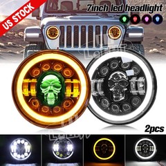 2PCS 7” Round RGB Skull LED Headlights Halo DRL For Jeep Wrangler JK LJ TJ CJ