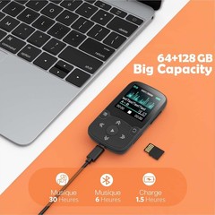 AGPTEK A65X 64GB HiFi Sound Bluetooth MP3 Player Clip Music Voice Recorder FM BK