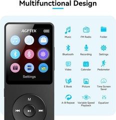 AGPTEK A02PLT 64GB Bluetooth MP3 Player with Speaker FM Radio Voice Recorder BLK