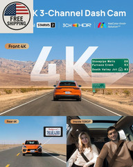70Mai 4K T800 3 Channel Dash Cam, Dash Cam Front and Rear Inside(2160P+2160P+108