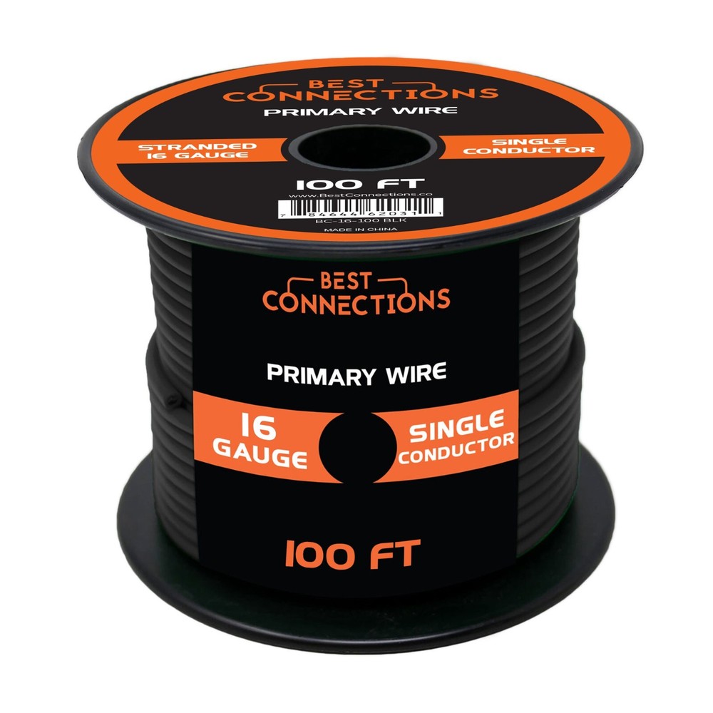 16 Gauge Car Audio Primary Wire (100ft–Black)– Remote, Power/Ground Electrical