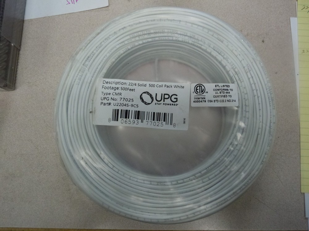 UPG 77025 22-Gauge, 4-Conductor Alarm White Cable, 500ft Coil Pack Solid Copper