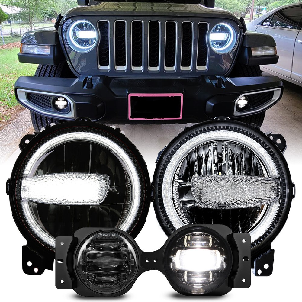 9in DRL LED Headlight+ 4in Fog Light For Jeep Wrangler JL Gladiator JT 2018-2024