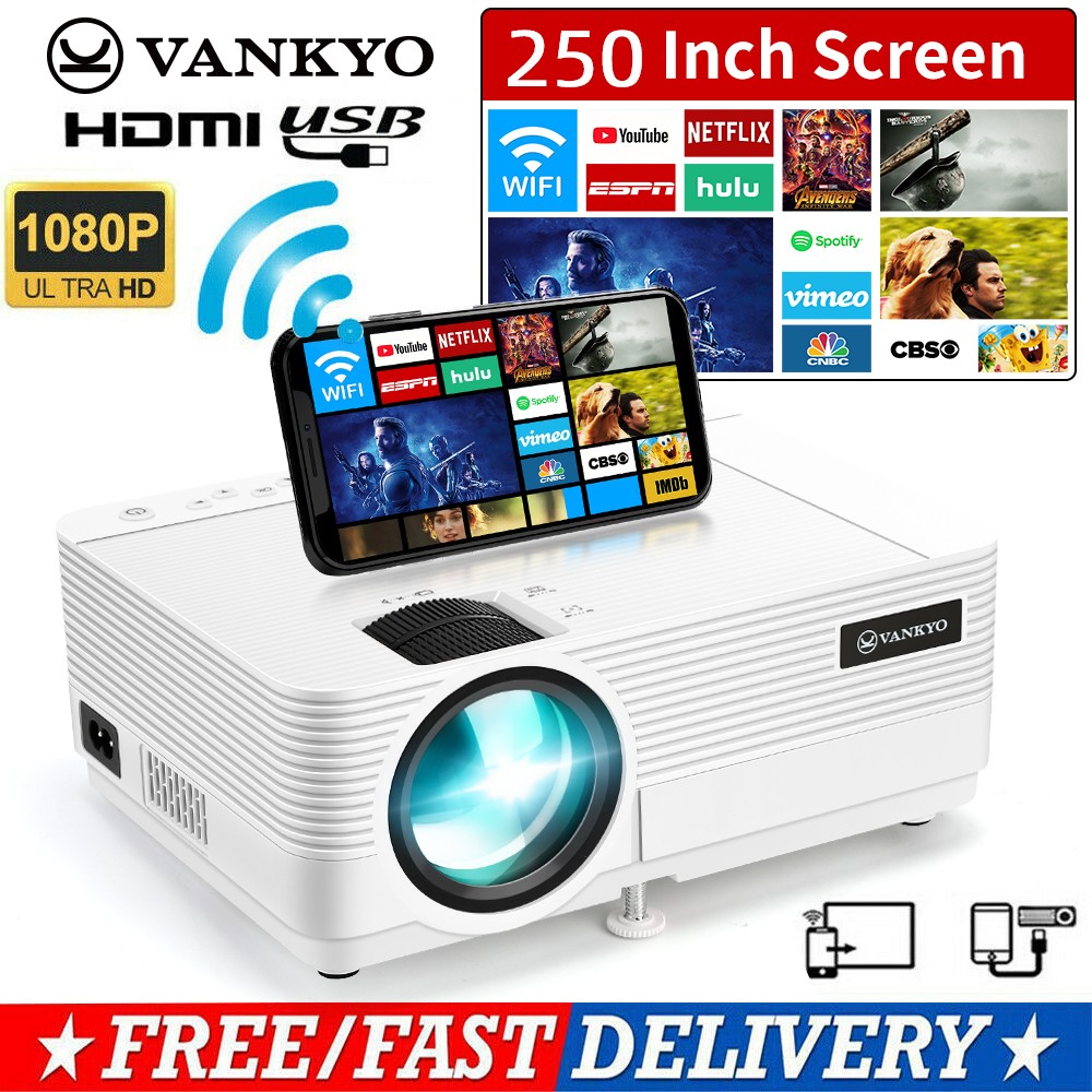 Portable 1080P HD Projector 250″ 8500LMS WiFi Video Home Theater + 100″ Screen