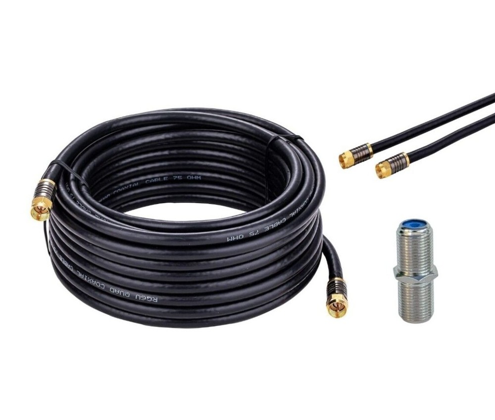 Black RG6 Coax Cable Quad Shield Internet Satellite TV Antenna with Barrel LOT