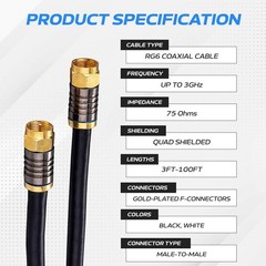 3-Pack Black RG6 Quad Shield Coax Cable 75 Ohm TV Antenna Internet 3ft–100ft Lot