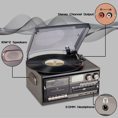 10-in-1 Vintage Vinyl Record Player with Bluetooth, CD, Cassette & Radio