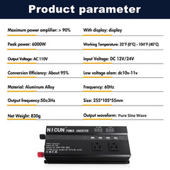 6000W LCD Car Power Inverter DC 12V To AC 110V Pure Sine Wave Solar Converter