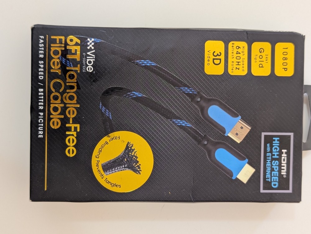 VIBE 6ft Tangle-Free Fiber Cable HDMI 1080 High Speed w/Ethernet 1080P 3D Video