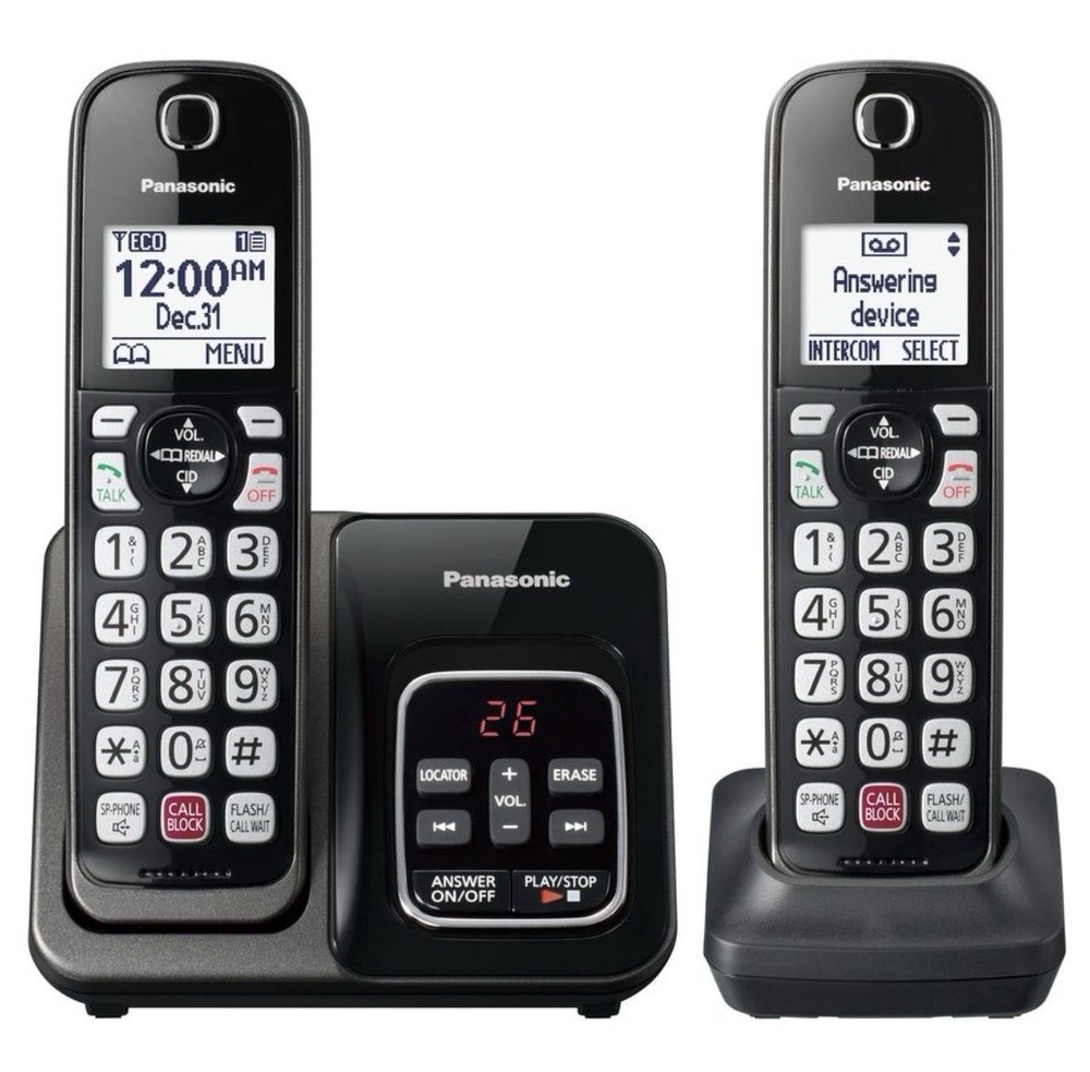 Panasonic Cordless Phone with Answering Machine, Advanced Call Black 2 Handsets