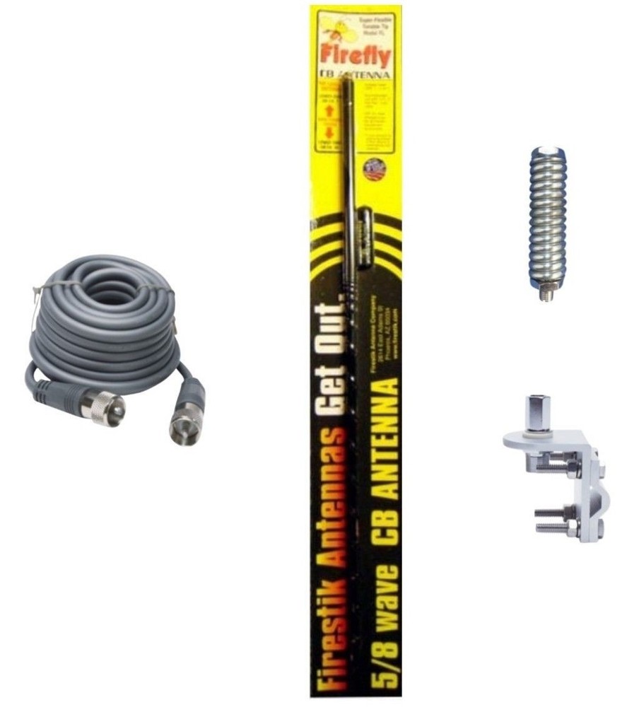 NEW CB RADIO FIRESTIK FL3, FL3B 3FT CB ANTENNA, 18FT RG8X COAX, MOUNT, SPRING