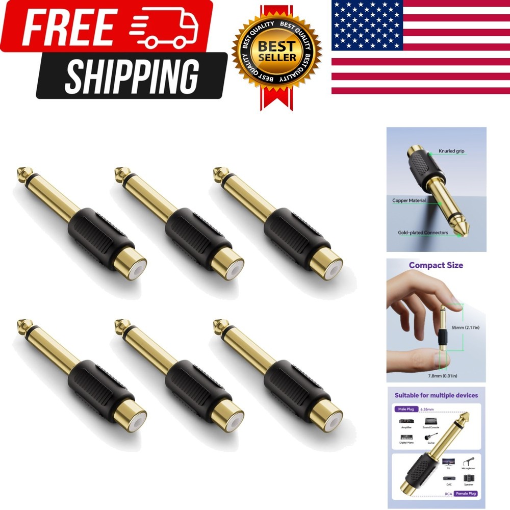 RCA To 1/4″ Audio Adapter 6.35Mm Mono Plug Male To RCA Female Connectors 6 Pack