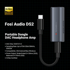 Fosi Audio DS2 USB C to AUX Headphone Amp DAC Dongle Dual Output DSD256 Jack NEW