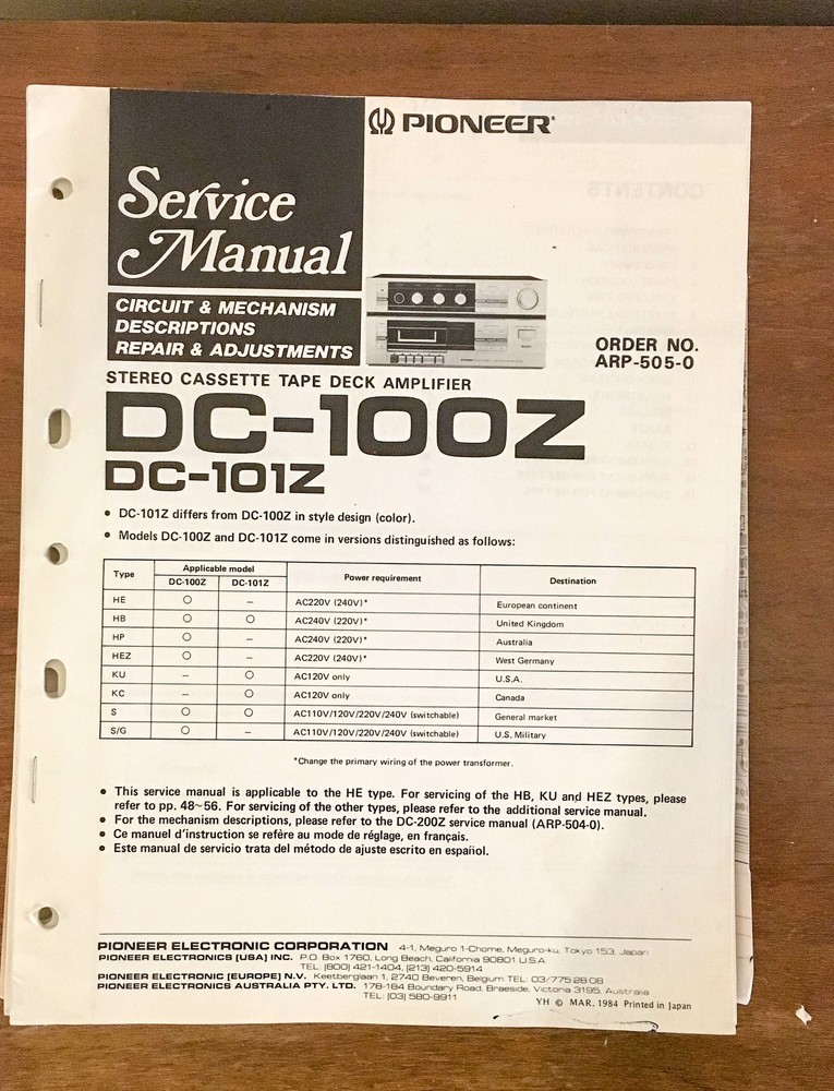Pioneer DC-100Z 101Z TAPE DECK AMPLIFIER Service Manual *Original*