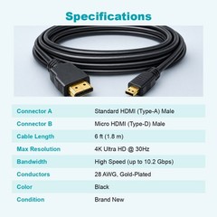 Micro HDMI to HDMI Cable 6FT 4K HD Cord for GoPro Sony Canon Nikon Camera Pi