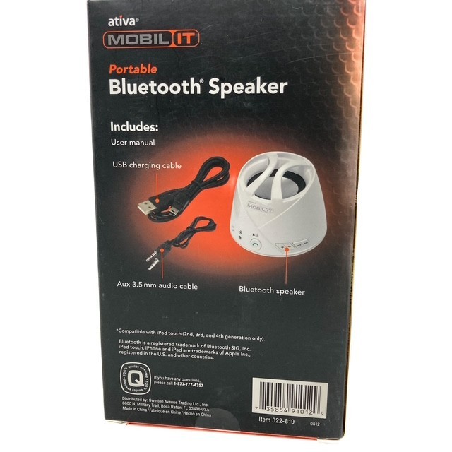 Ativa Mobil It Portable Bluetooth Speaker With USB Charging Cable Manual 322-819