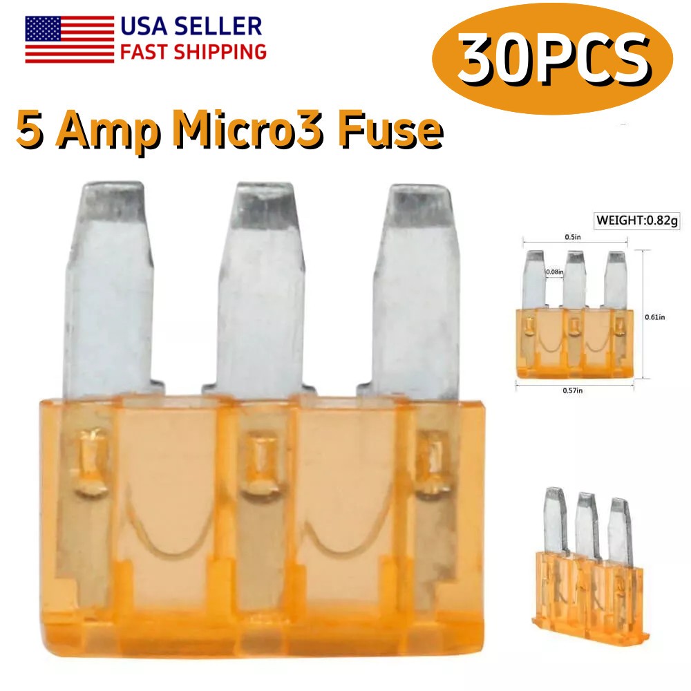 30PCS 5A Micro3 Blade Fuse 3-Pin Prong 32V for Automotive Truck Boat Marine US