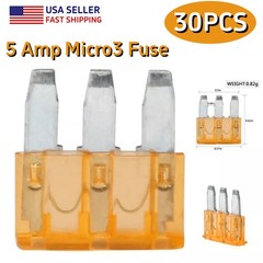 30PCS 5A Micro3 Blade Fuse 3-Pin Prong 32V for Automotive Truck Boat Marine US
