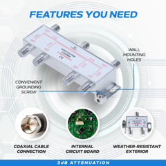 6-Way TV Splitter 5-2300 MHz Coax Cable Adapter for RG59 RG6 HDTV Satellite