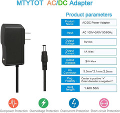 9Volt DC Power Supply 1A Universal AC/DC Adapter, 100-240V 50/60Hz 9 Volts 1Amp