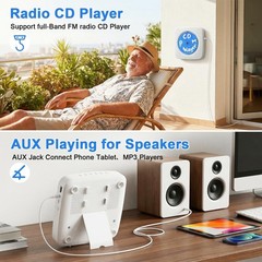 Portable Bluetooth CD Player with 1800mAh Battery, Wall Mountable, FM Radio, Spe