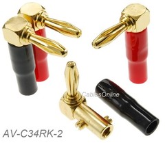 2-Pair Gold Plated Right-Angle Screw-Type Banana Plugs w/Rd/Bk Plastic Boots