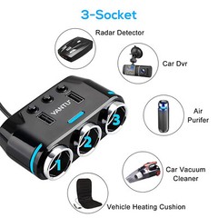 3 Way Cigarette Lighter Socket Splitter, Dual USB Car Charger, Power Adapter 12V