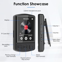 MP3 Player 32GB HiFi Lossless Sound Bluetooth Clip Music Voice Recorder FM Radio