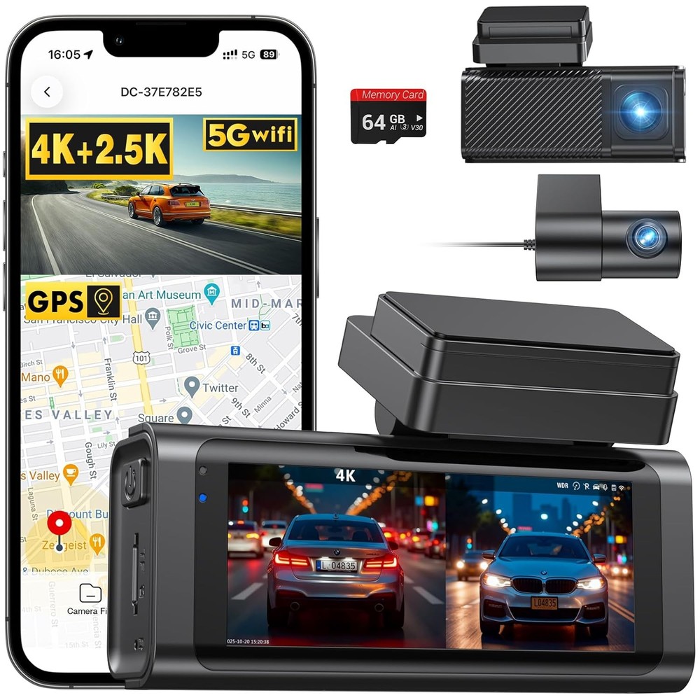 Beferich J18 4K 2.5K Dual Dash Cam GPS WiFi 64GB Card 256GB Max front rear night