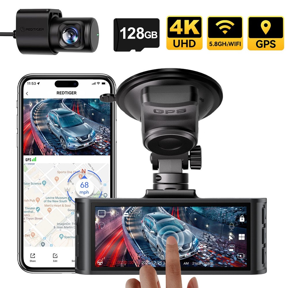 REDTIGER FTNT 128GB Card Voice Control 4K Dash Cam Front and Rear, Touch Screen