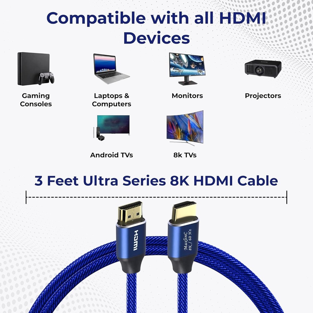 High Speed 8K/60HZ 2.1V HDMI Cable 3Ft Blue 48Gbps 28AWG Support 3D NEW