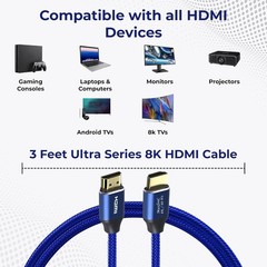 High Speed 8K/60HZ 2.1V HDMI Cable 3Ft Blue 48Gbps 28AWG Support 3D NEW