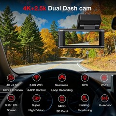 Beferich J18 4K 2.5K Dual Dash Cam GPS WiFi 64GB Card 256GB Max front rear night
