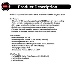 WUCOTC Digital Voice Recorder 264GB Voice Activated MP3 Playback Black