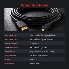 6FT Micro HDMI Type D to HDMI Cable 4K Cord for Tablet Laptop Lenovo Yoga ASUS