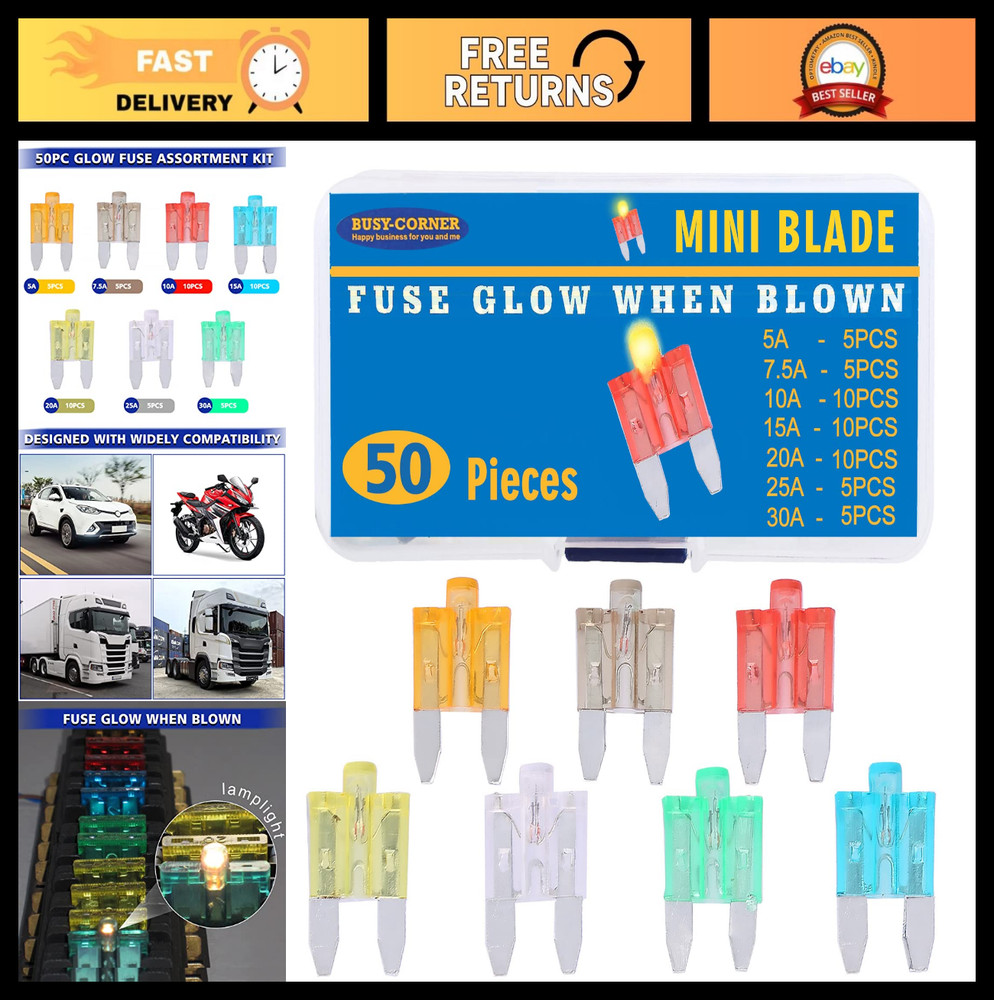 Mini Blade Automotive Glow Fuses – 50 Pack, Smart Blown Fuse Identification, Eas