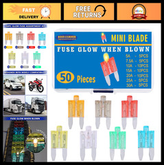 Mini Blade Automotive Glow Fuses – 50 Pack, Smart Blown Fuse Identification, Eas